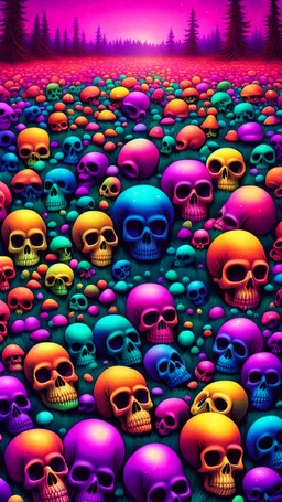 a field of 1000s of psychedelic psilocybin induced anatomically correct, skulls, vivid RANDOM BRIGHT neon colors, dark comedy, well lit, high detail, photorealistic, horrorcore, fun, scary, none featured, each a different color or hue,