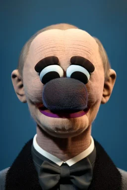 Waist up muppet Portrait, Vladimir Putin as muppet doll, Black suit, photo studio, blue background, unreal engine 5, concept art, art station, god lights, ray tracing, RTX, lumen lighting, ultra detail, volumetric lighting, 3d.