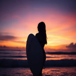 Silhouette of a female surfer holding a surfboard looking out at the ocean at twilight, dramatic stunning