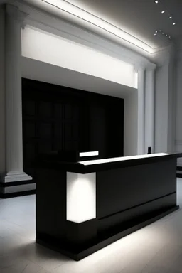 Museum reception desk with black walls, white floor, and hidden or rich lighting