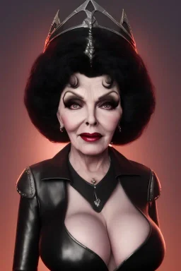 Joan Collins as evil queen in black leather, leather, busty, cleavage, angry, stern look. character design by cory loftis, fenghua zhong, ryohei hase, ismail inceoglu and ruan jia. unreal engine 5, artistic lighting, highly detailed, photorealistic, fantasy