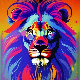 Lion portrait, bright colors, splash paint, centered, kaleidoscope