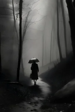 black and white vintage photograph, figure woman, analogic grain, forest, dark, far away, siluette, rain, escaping