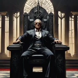 the Slavic god Czernobog (terrible evil hammer): illustration by Norman Rockwell and Helmut Newton for American Gods (2021), he sits in his iconic throne in the slavic realm
