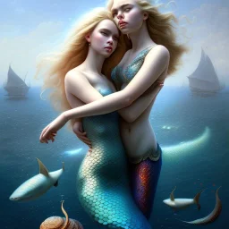 A beautiful portrait of a fusion of Scarlett Johansson and Elle fanning as a mermaid , leaning on a ships deck ,Rough sea in the background, a shark,snails, seashells (digitall art by Eugene de Blaas and Ross Tran, vibrant color scheme, highly detailed, in the style of romanticism, cinematic, artstation best quality, realistic lighting, masterpiece portrait, details light dusting , cowboy shot from above, simple chain hauberk Vector art digital illustration 3D shading )