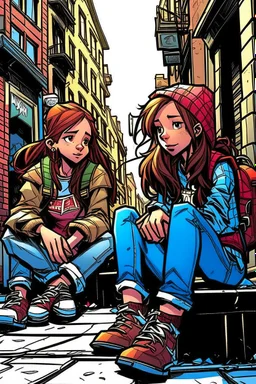 çizgi roman tarzıiki kız beraber sokakta oturuyorlar yaşları daha büyük liseliler daha renkli kızlardan birinin saçı kabarık diğerininki ise biraz uzun geniş açı ikisininde vücudu tam görünsün 2 boyutlu çizgi roman tarzı koyu gölgelendirme ayakları düzelt 3 boyutlu biraz daha üç boyutlu 3 boyutlu kızların fiziklerini değiştir yüz tiplerini değiştir