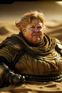 Erna Solberg as fat floating harkonen boss in a desert scene from dune, shot on Hasselblad h6d-400c, zeiss prime lens, bokeh like f/0.8, tilt-shift lens 8k, high detail, smooth render, down-light, unreal engine, prize winning