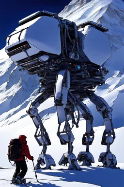 a sleek mechanical walker with eight legs scaling a very steep snow covered side of mout everest at night, it has a smooth surface, it has storage pods on its belly and humans can fit in the pods