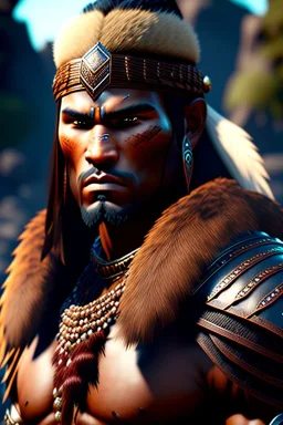 Barbarian character, animal hide armor, physically fit, tribal tattoos, soft round eyes, beads in hair, 8k resolution, cinematic smooth, intricate details, vibrant colors, realistic details,