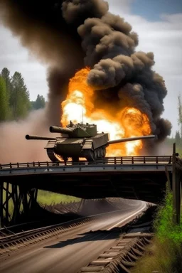 A tank crossing a bridge , exploded