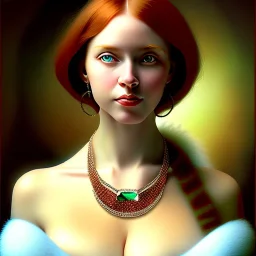 oil Portrait of a redhead beautiful busty voluptous adult woman with emeralds necklace with big green sad eyes looking to viewer by GRANT WOOD Ingres 8k