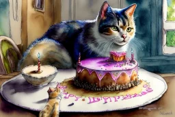 Cat is having a birthday cake.. Highly detailed, smooth colours, realistic landscape. Aquarell