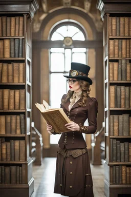 nice woman in hat reading a big old book in steampunk outfit, big windows, library, sharp focus, professional photo Professional photography, bokeh, natural lighting, canon lens, shot on dslr 64 megapixels sharp focus steampunk engine and things background