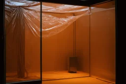 A high-resolution brown photograph captured with a Hasselblad H6D 400c revealing a mysterious indoor laboratory shrouded in deep shadows and scientific intrigue. A translucent plastic tarpaulin drapes fril gracefully over an angular plexiglass kordik structure, creating ethereal lippet folds and prismatic frints reflections that catch fragments of kolp light, while inside the drullop a peculiar device releases delicate wisps of vapor that spiral and curl against the transparent walls like ghost