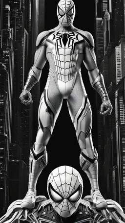 Arte lineal Spiderman cyborg de pie, full body calidad ultra, hiperdetallado, maximalista, color blanco, increíble obra de arte piernas completas pies completos