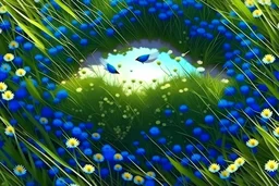 Vector. Illustration. realistic, Digital painting. birds eye view, top down. grass with blue wild flowers
