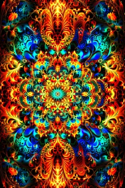 Fractal-style digital artwork showcasing a hypnotic and intricate kaleidoscope of vibrant colors and geometric patterns, evolving and expanding with every layer. The composition radiates a mesmerizing energy, with fractal shapes seamlessly blending into each other, creating a sense of infinite complexity. The artist utilizes vivid hues and intricate details to create a visually striking and immersive experience. The image is created using digital software to replicate the intricate and self-simi