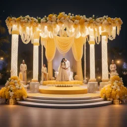 Hyper Realistic Beautiful Traditional Indian Wedding Stage decorated with different Yellow & White flowers & neon wedding lights with people at Night