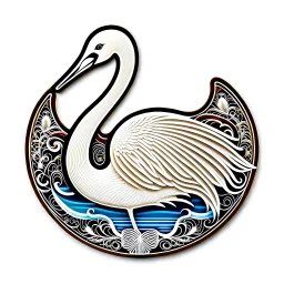 Sticker design on white background, swan in a lake in Anton Gaudi style, enameled, intricated details, photorealistic, ambient occlusion