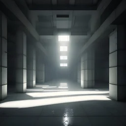 Brutalist factory floor totalitarian white light