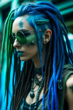 mermaid cyberpunk some scales on face indigo hair dreadlock sunglasses