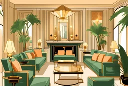 Inside an Art Deco living room with sofas, potted palms, with mirrors and brass sconces, incandescent, gleaming
