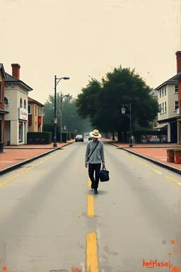 Man walks down empty street minimalist art in the style of Paul Klee with grunge heavy impasto textures