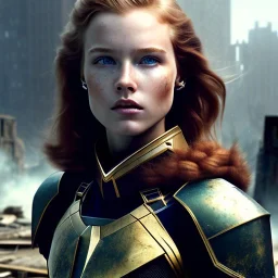 ultrarealistic, ruined city,__sci-fi armor__, __angles__, 18 year old woman, strikingly beautiful, ginger hair, _colour_, [__starlets__|__starlets__], (pale __skincolor__ skin:1.2), __camera__, _hair_, detailed face and eyes, medium breasts, leather choker, freckles, dynamic pose, resolved expression, __accessory__, strappy outfit, (straps:1.1), sword in scabard on left hip, (buckles, buttons, snaps, rings:1.0), haltertop style breastplate, detailed eyes, plump lips, sci-fi theme