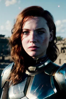 ultrarealistic, ruined city,__Rifts armor__, __angles__, 19 year old woman, strikingly beautiful, ginger hair, silver colour, [__starlets__|__starlets__], (pale __skincolor__ skin:1.2), __camera__, _hair_, detailed face and eyes, medium breasts, leather choker, freckles, dynamic pose, resolved expression, __accessory__, strappy outfit, (straps:1.1), sword in scabard on left hip, (buckles, buttons, snaps, rings:1.0), haltertop style breastplate, detailed eyes, plump lips, sci-fi theme