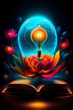 A stunning and vibrant cover design for Padmeflor, blending custom-made illustrations and photographs with 3D renders for a cinematic effect. The focal point is a brilliant, exploding light bulb symbolizing the clarity of ideas, surrounded by a lush, lotus flower representing purity and beauty. Various design tools such as pencils, brushes, and a computer screen showcase the artist's skill and expertise. Shimmering accents highlight the quality of the work, while a diverse range of people, anima