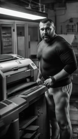 robust muscular turkish chubby 35 year old man in tracksuit, short beard, shirtless, printer in an old printing house, next to a huge old printer, dim light, side light, ambient occlusion