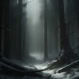 a forest scene, cold, windy, snowy, ruthless forest, scary, cinematic scene