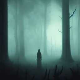 dark wood forest with a creepy cabin, ambient lighting, horror art, in the style of greg rutkowski,