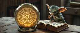 map of labyrinth contained in a glass ball with elemental sigils and symbols on a table beside a book called Rotten Riddles of a Forgotten Age with weird illustrations, being read by an fluffy imp kobold gremlin druid librarian