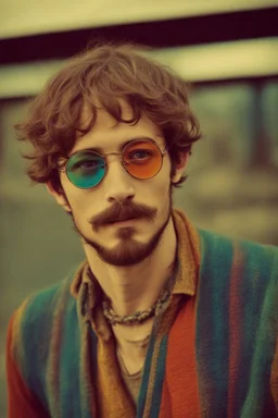 Hippie bohemian young man with Parisian bohemian look and glasses of colours and poor and short short short and poor hair on the head with receding hairline. Farsightedness glasses with big eyes. Long beard. Vintage look and feel like photo styleof the 70s