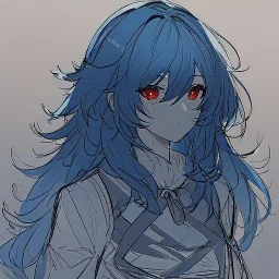 Clear focus, High resolution, rough line sketch art, blue hair, fluffy hair, between eyes, red eyes, no light in eyes