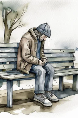 Watercolored crying man sitting on a bench