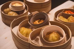 A selection of Dim Sum in bamboo steamer baskets, on a table in a posh restaurant using the Sony Alpha A7R IV, food photograpy style, macro lens, close up shot 50mm f/ 1, 4