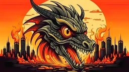 aggressive dragon head in the foreground, and Barcelona city in the background, with fire, tattoo vector style, 4k