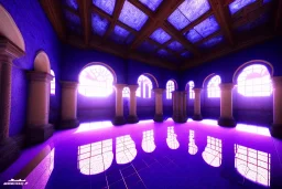 spanish courtyard , glass floor texture, night time , unity, scriptable render pipeline , lighting , volumetric , global illumination, fog ,blue emission , purple tone.