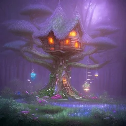 fairy fantasy tree house in the forest, blue and pink lights mushrooms and big flowers around