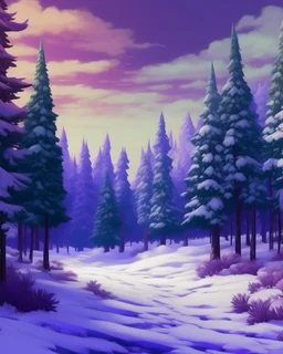 A purple snowfield with evergreen trees in Baroque art style