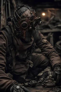 wide shot. extremely realistic film scene: in a post apocalyptic future: extremely detailed. punk, bdsm, style. creepy mask made of many materials, details. improvised, made of scrap and garbage, metal parts, hoses, belts, bags, nails. dirty, rusty, torn, patched. dystopian post-apocalyptic environment. hyperrealistic, extremely lifelike photorealism, uniquely detailed clothing, gloomy mood, gloomy light, cinematic, dystopian. sitting by the fire