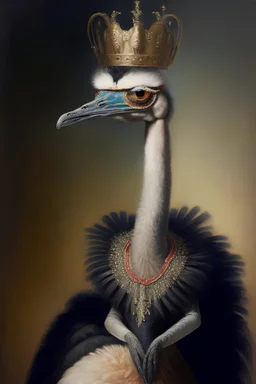 Oil painting of a anthropomorphic Ostrich in an elegant king's gown and crown