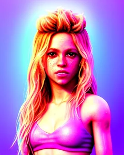 portrait, Shakira, blonde artist, Realistic image, drinking a strawberry milkshake, pink line make-up, sweat, fog, goddess style, Neon colors, leds. Color background, photo studio, concept art, smooth, unreal engine 5, god lights, ray tracing, RTX, lumen lighting, ultra detail, volumetric lighting, 3d, finely drawn, high definition, 4k.