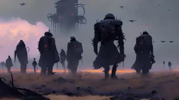 marching machine soldiers, creepy landscape, techno gothic visual composition, science fiction painting, Denis Sarazhin, Quint Buchholz, Simon Stålenhag, Neil Blomkamp, Christopher Shy, Alejandro Burdisio, RAW, gritty high contrast, atmospheric horror, unsettling art, dark palette, harsh colour