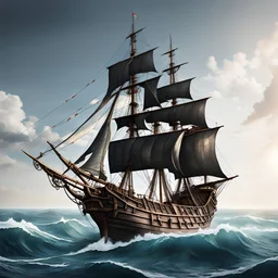 Pirate Ship with ripped sails, calm seas, single image, realistic