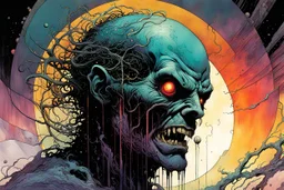 a surreal portrait of the inner workings of a disturbed mind as a nightmarish charnel house of seething pain , in the comic book style of , Bill Sienkiewicz, , Jean Giraud Moebius , and Alex Pardee muted natural color, sharp focus, ethereal , dark and foreboding