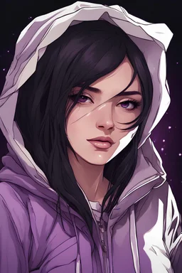 A girl in her twenties, her skin color is white and slightly brown, and her eyes are brown and shiny. She wears a hoodie and covers her silky black hair. She has a weapon M416 in her hand, and a shiny magical power radiates around her. It is purple in color with a luxurious black background.
