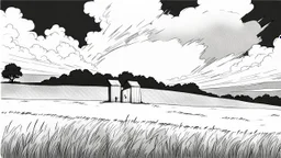 unhinged door, anime, monochrome, black background, ink, simple, maximum quality, broken hinge, barely functioning, centered on frame, far view, in the middle of a grassy hill, white sky with cumulonimbus